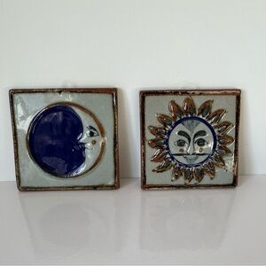 VTG Mexican Ceramic Sun & Moon Wall Tiles-Handmade Glazed Folk Art Set